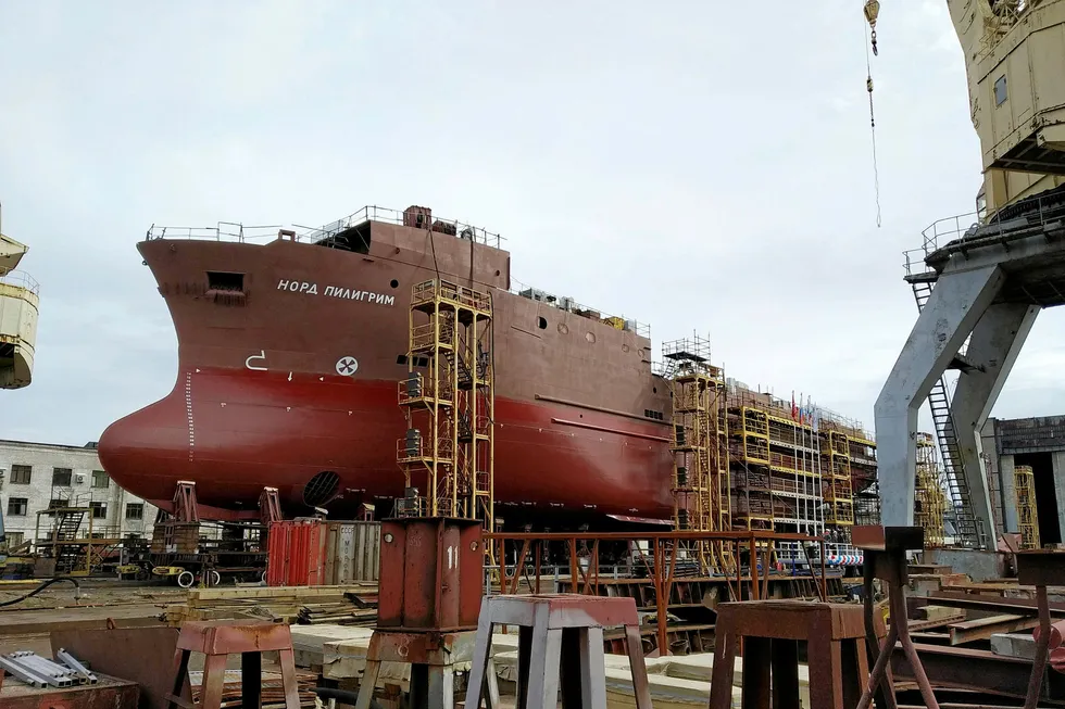 The 80-meter factory-trawler for Murmansk-based fishing company Nord-Pilgrim before launching at Vyborg shipyard. Date of delivery of the vessel was postponed from November 2019 to June 2021.
