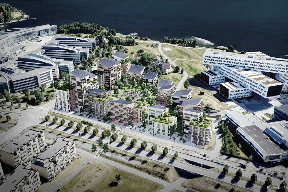 Oversiktsperspektiv over tomten på Fornebu der Aker Solutions-bygget kan bli konvertert til boliger. Foto: Mad arkitekter ---