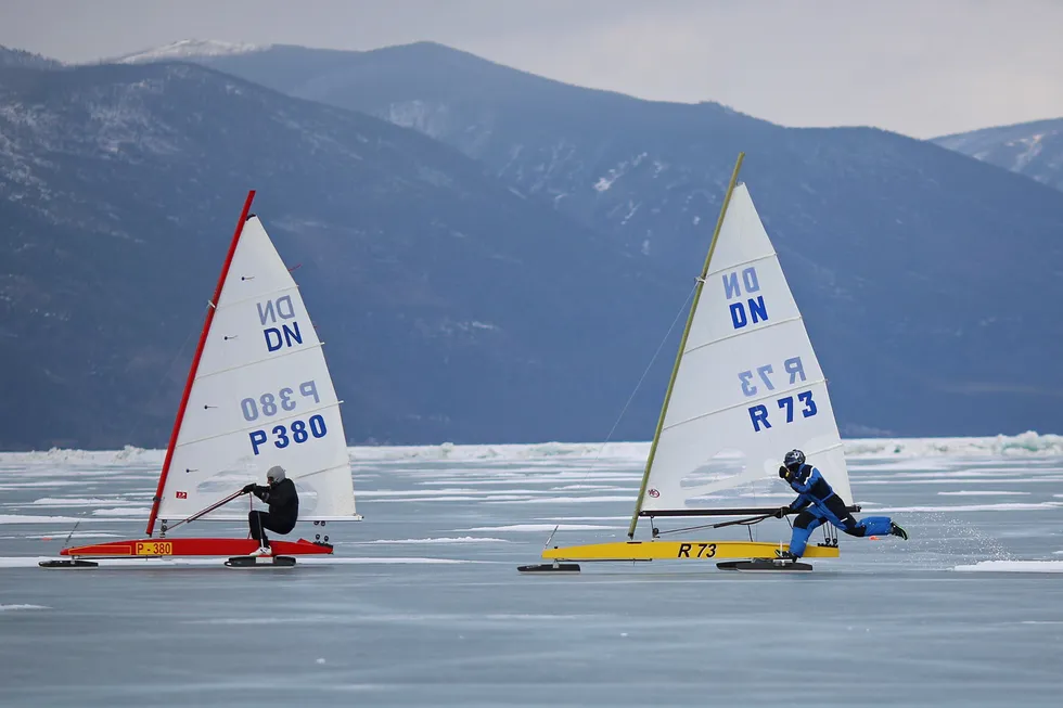 Tailwind: participants in the Baikal ice sailing cup compete on a frozen Lake Baikal in Russia's Irkutsk region earlier this year