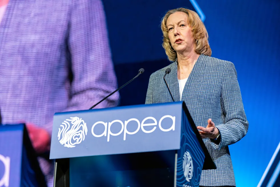 Keynote address: Woodside chief executive and APPEA chair Meg O’Neill speaks at APPEA 2023 in Adelaide.
