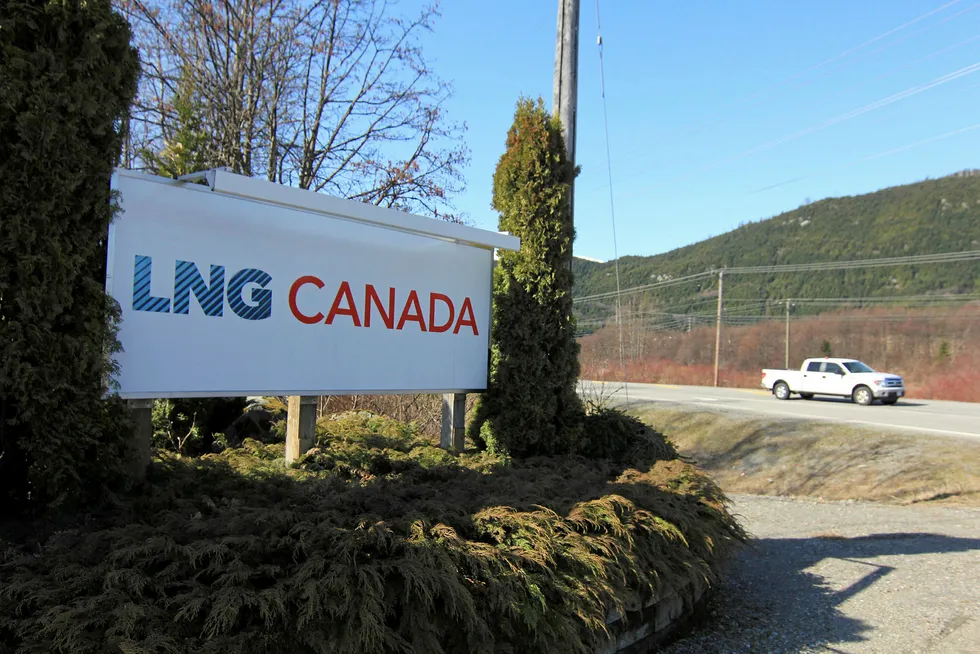 Optimism: the entrance to the LNG Canada project site in Kitimat in north-west British Columbia, Canada