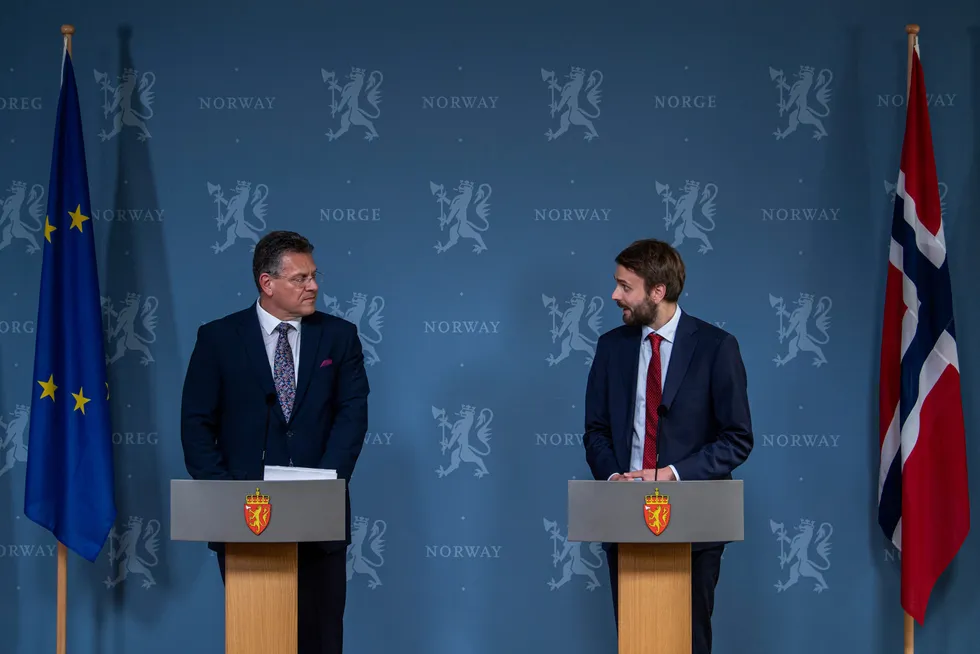 Visepresident i Europakommisjonen, Maroš Šefčovič og næringsminister Jan Christian Vestre, holdt en kort pressekonferanse i statsministerboligen mandag. Norge og EU kom med en felleserklæring om mer samarbeid fremover.