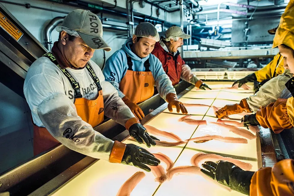 Alaska pollock processing workers aboard the Aleutian Spray Fisheries vessel Starbound. Disruptions in processing in the A season have companies shifting more production to serve deep-skin clients.
