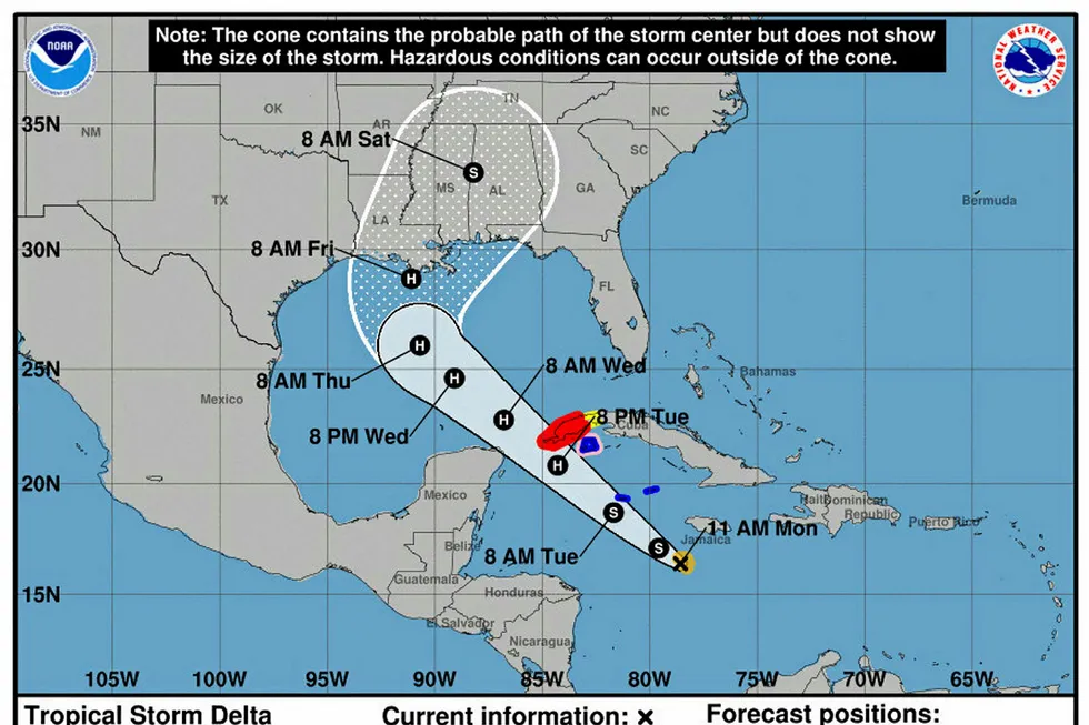 Tropical Storm: Delta moving into Gulf of Mexico