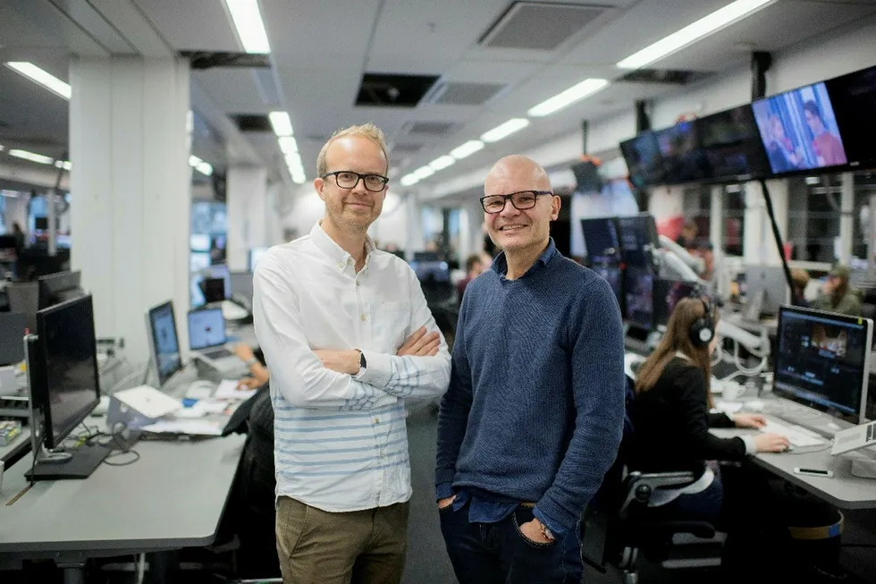Rolf Sønstelie (til høyre) er ny redaktør og Thomas Manus Hønningstad ny administrerende direktør i VGTV.