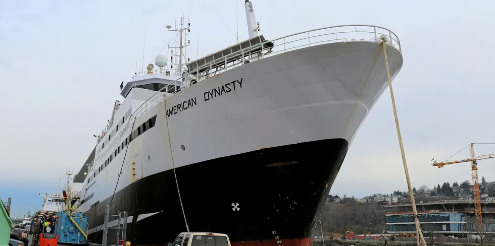 American Seafoods' American Dynasty docked in Seattle. The vessel was hit with a COVID-19 outbreak last month that spread to several members of the crew. Eventually, crewmen on two other boats were hit.