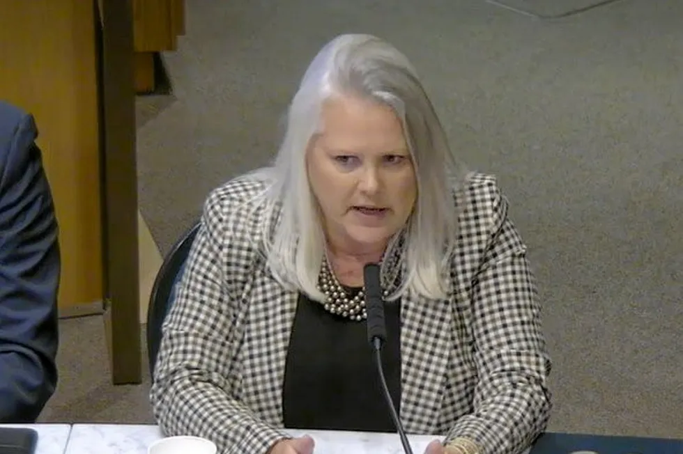 Nordic Aquafarms CEO Brenda Chandler for the past few years has spoken at local meetings in support of aquaculture projects in Maine and California. Pictured above: Chandler speaking to the Humboldt County’s Board of Supervisors concerning Nordic's proposed land-based salmon farm.