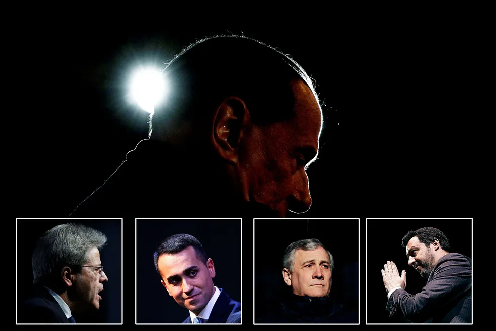 Over: Silvio Berlusconi. Fra venstre under: Italias statsminister Minister Gentiloni, Luigi Di Maio, 5-stjerne bevegelsen, Antonio Tajani, Forza Italia og Matteo Salvini, Lega Nord. Foto: PIERO CRUCIATTI/AFP/NTB Scanpix