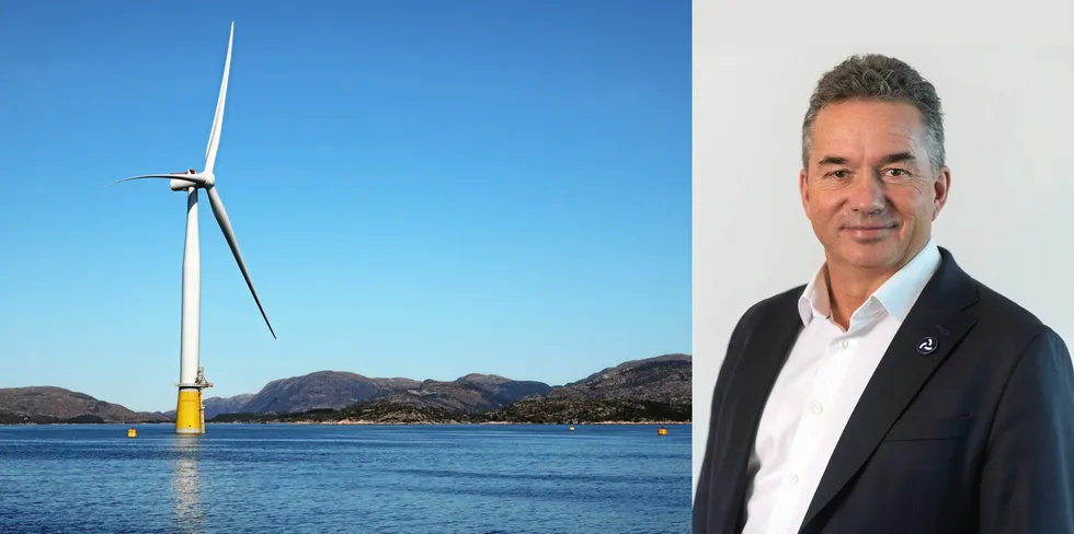 Illustrasjonsfotoet til venstre viser et havvindanlegg i Gulen i Fensfjorden. Til høyre: administrerende direktør hos Source Galileo, Gunnar Birkeland.
