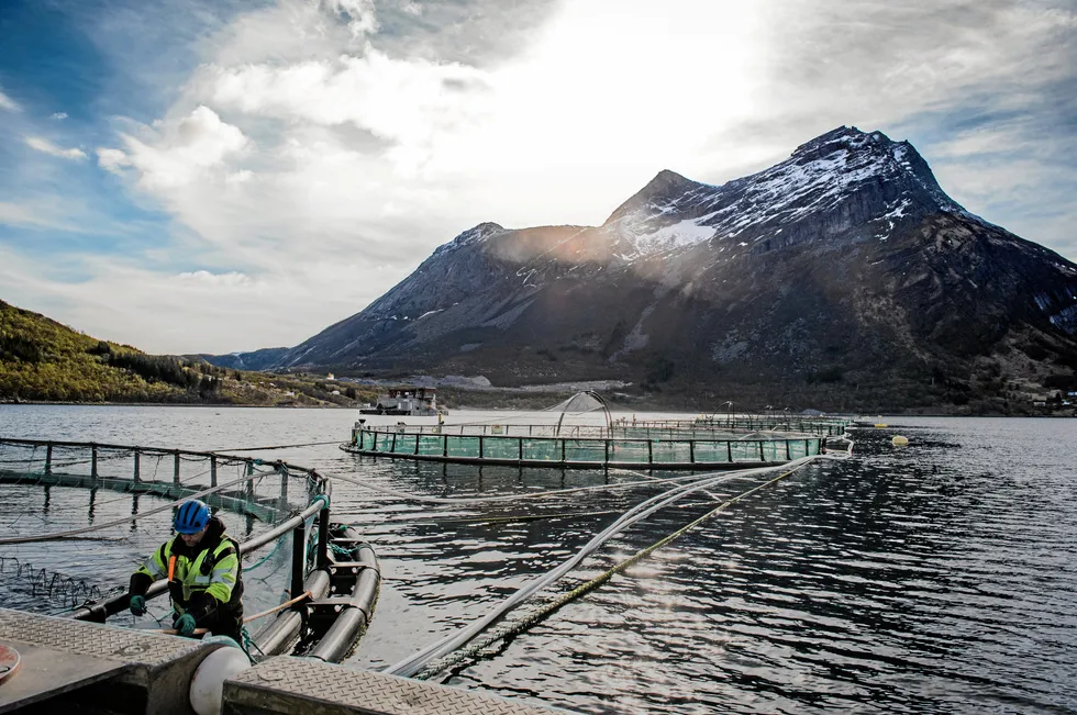 A Kvarøy Fiskeoppdrett salmon farm in the Helgeland region of Norway.