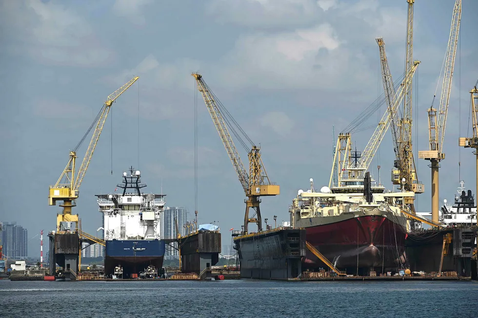 Before the pandemic: ships undergo repair and maintainance at Sembawang Shipyard in Singapore