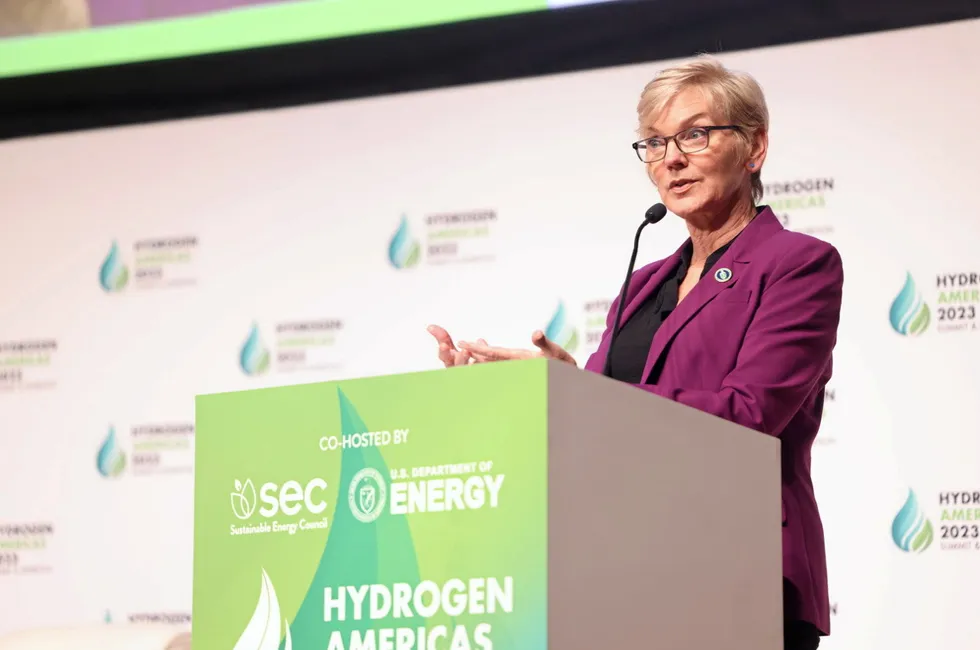 Jennifer Granholm speaking at the Hydrogen Americas Summit in Washington DC on Monday.