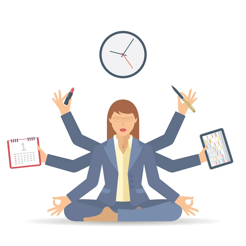 Business multitasking time management. Flat vector concept isolated illustration. Businesswoman at work meditates with calendar, schedule, timetable in the hands. Busy woman's office meditation.