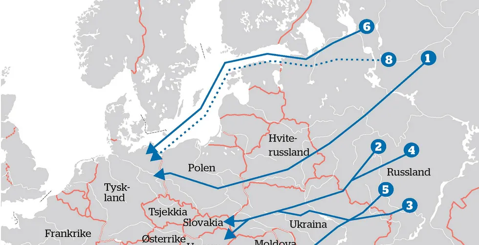 Kartet viser noen av gassrørledningene som går fra øst til vest. Nr 6 er Nord Stream 1, som nå er i gang igjen. Nr 8 er Nord Stream 2, som antakelig aldri blir satt i drift.