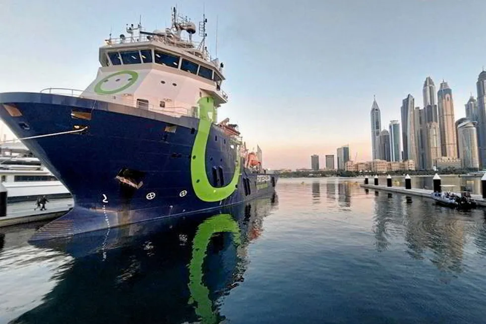 The Green Pioneer, capable of running on ammonia, moored in Dubai during the Cop28 summit.