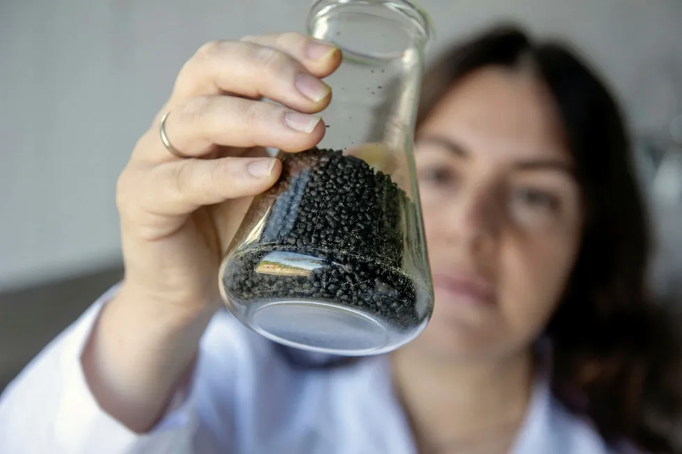 Dette er det grøne gullet: Algeforskar Katerina Kousoulaki ved Nofima i Bergen har laga fiskefôr med 30 prosent tilsett bioråstoff frå mikroalger.