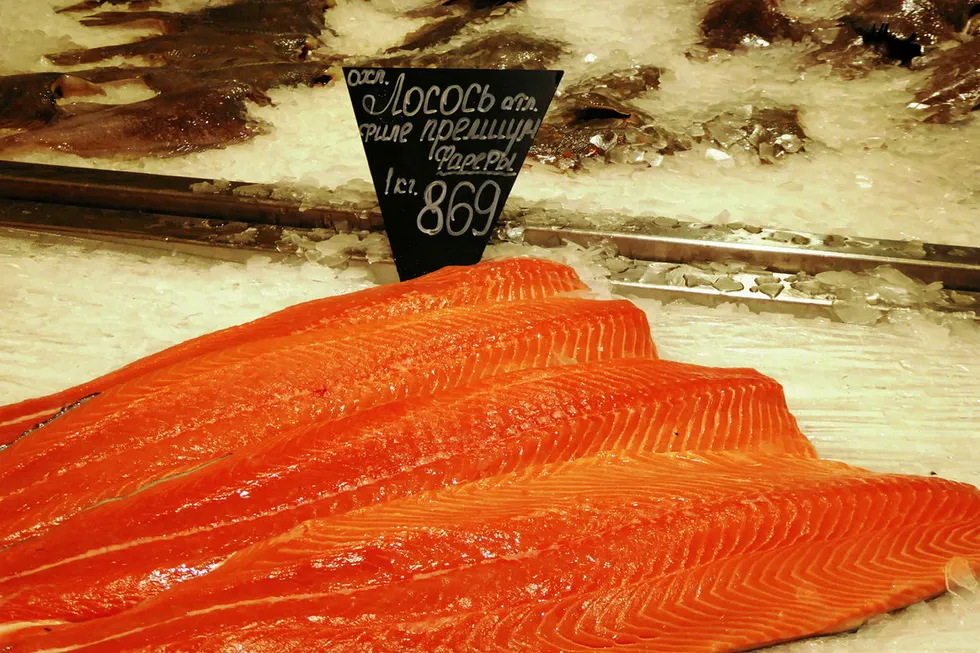 Fresh salmon sold in Russia.
