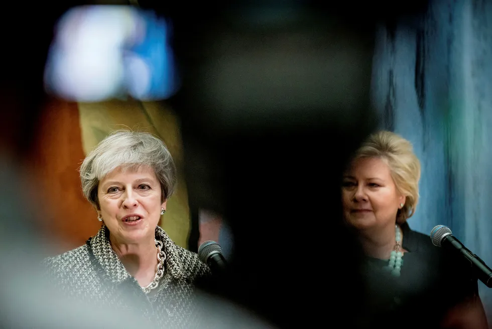 Storbritannias statsminister Theresa May besøkte Stortinget under Nordisk råds sesjon i høst. Her med statsminister Erna Solberg.