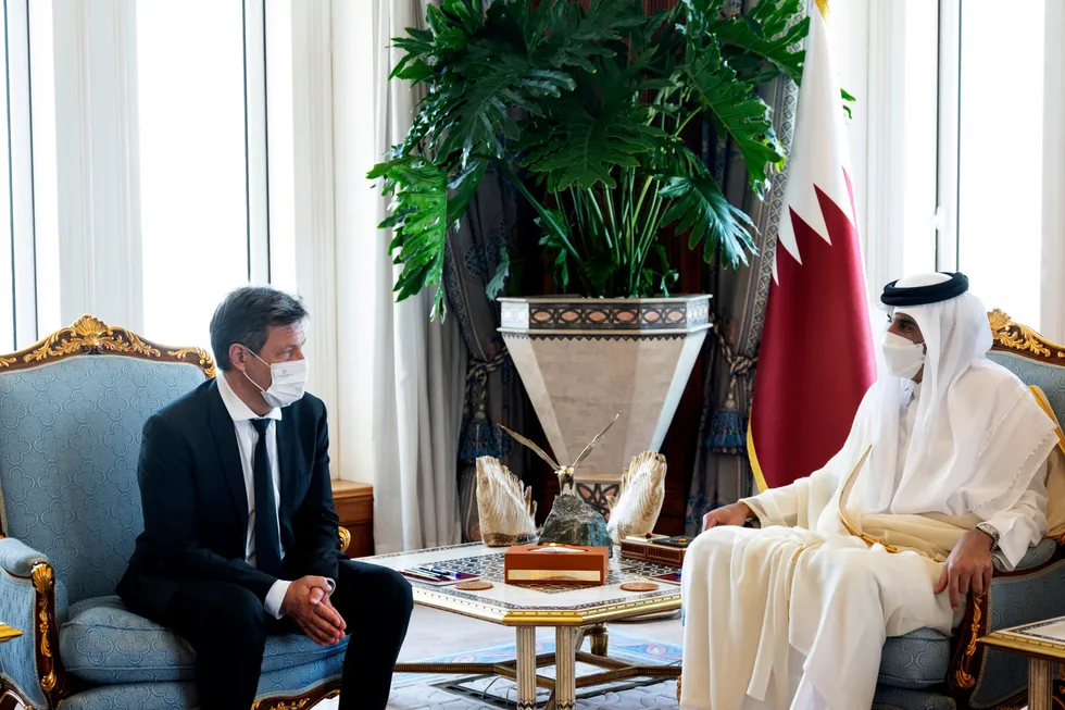 LNG deal: German Economy Minister Robert Habeck, left, meets with the Emir of Qatar Sheikh Tamim bin Hamad Al Thani, in Doha, Qatar