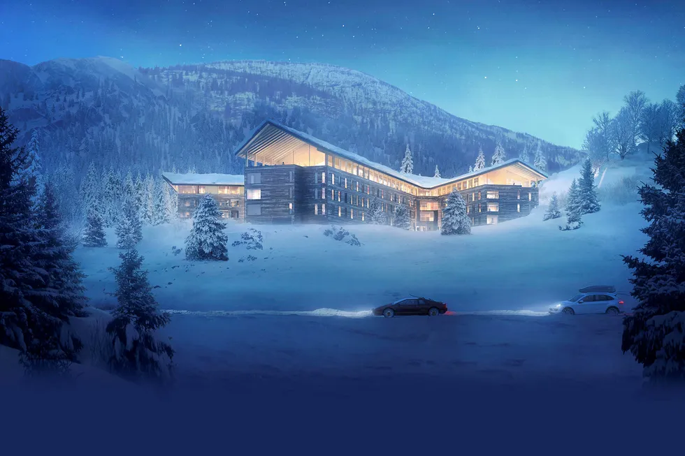 Slik blir Buchardts nye hotell- og leilighetsanlegg i Tottenskogen i Hemsedal. Det får to fløyer med hotellrom og to med leiligheter. Illustrasjon: Arkitektfirma Nordic