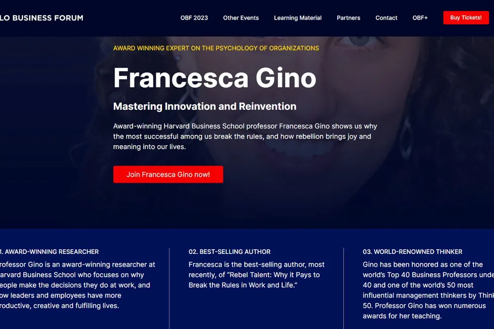 Slik så programmet ut for foredraget Francesca Gino skulle holde på Oslo Business Forum.