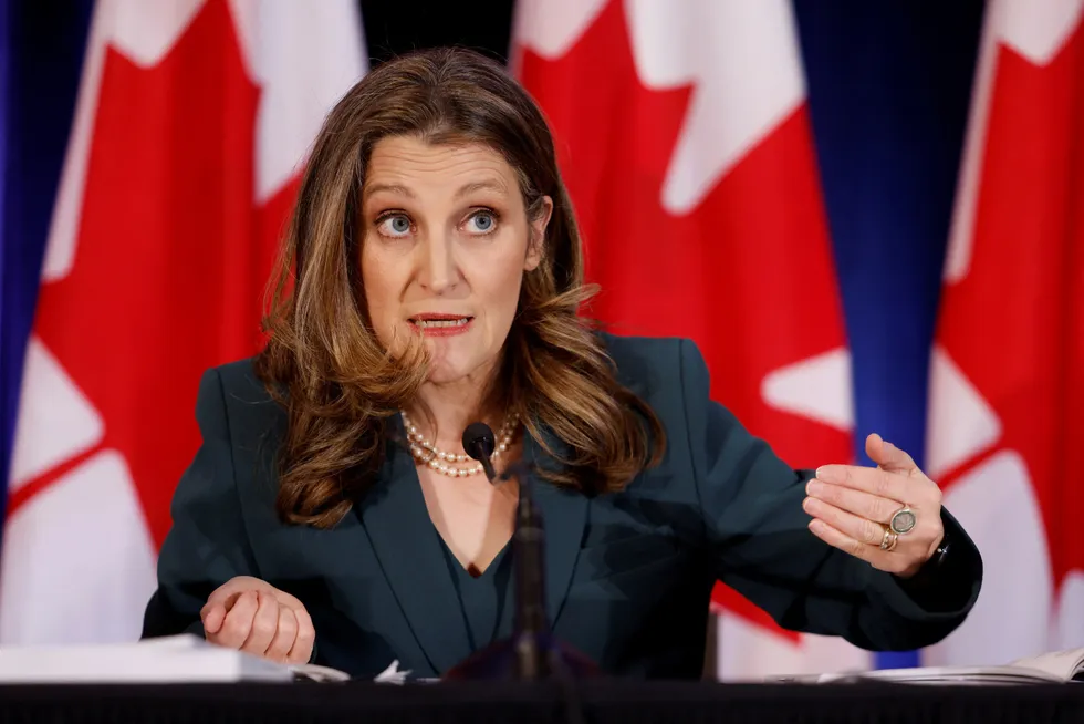 Retain developers: Canada's Minister of Finance Chrystia Freeland attends a news conference before delivering the federal budget in Ottawa yesterday.