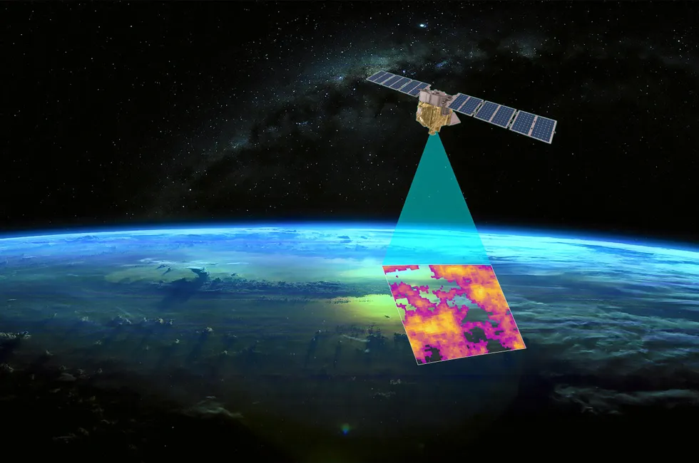Launched: A rendering of the MethaneSAT, launched this year, showing data from 'super-emitters'.