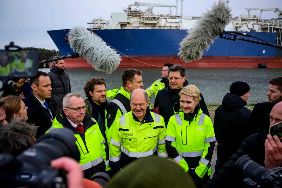 Gas news: German Chancellor Olaf Scholz (centre) is among the dignitaries attracting media coverage as another German LNG import terminal starts up.