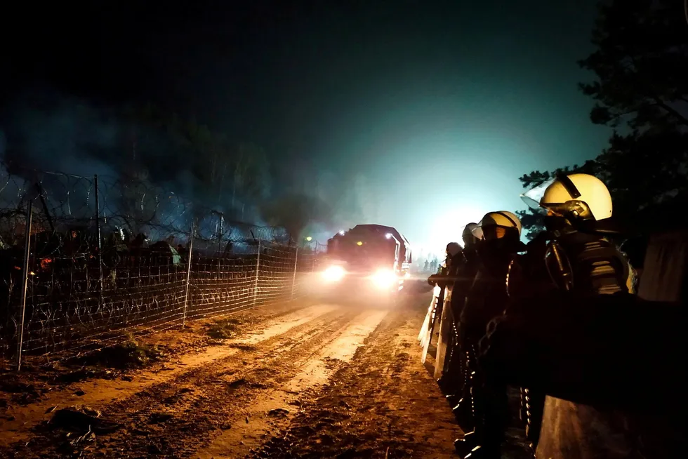 Escalation at all fronts: Polish police deployed at the Poland-Belarus border near Kuznica in Poland in response to attempts of Belarus authorities to push thousands of migrants into the country