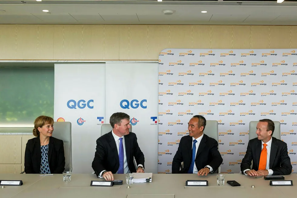 Agreement: (L-R) QGC manager of commercial Stastia West, QGC vice president Tony Nunan, Arrow Energy chief executive Qian Mingyang and Arrow Energy chief financial officer Edwin Kunkels