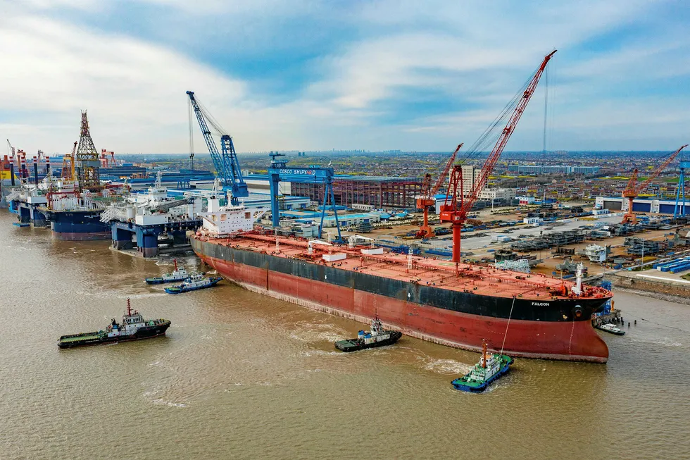 Brazil-bound: the VLCC Falcon arrives at Cosco's yard in Qidong for conversion into the Marlim 2 FPSO