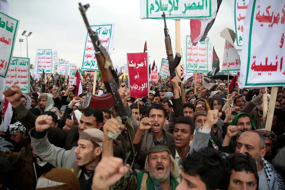 Fresh attacks: Houthi supporters attend a rally in support of the Palestinians in the Gaza Strip and against the US government.