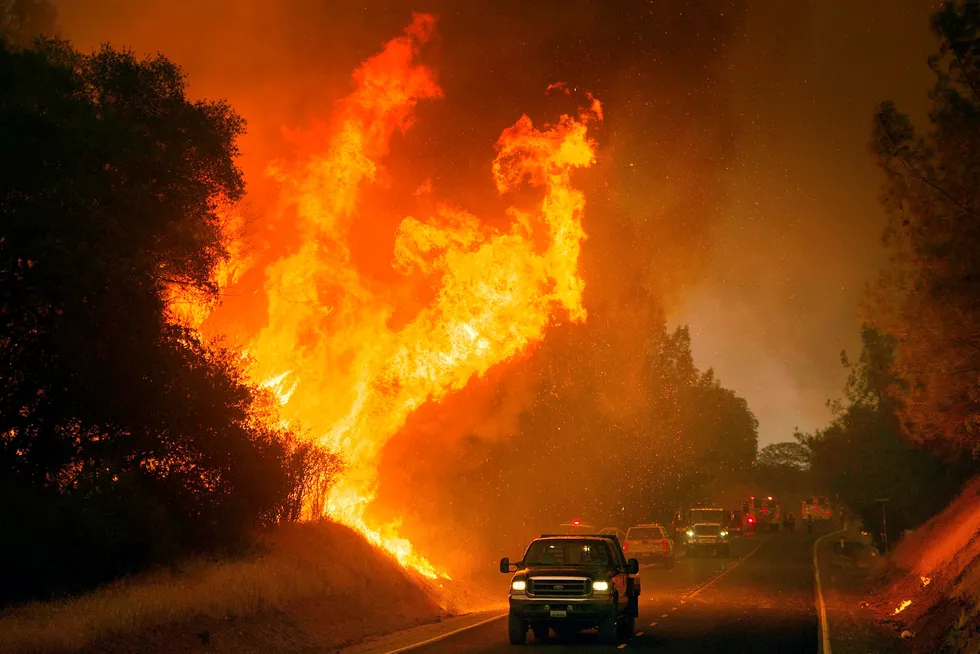 Biler kjører forbi flammene til «ildveggen» i California lørdag. Det var mange branner i delstaten etter en rekordsettende hetebølge. Foto: JOSH EDELSON/AFP/NTB Scanpix