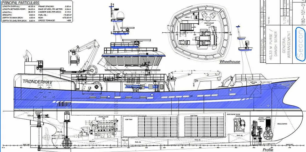 Tegningene på nye «Trønderhav» som får en lengde på 40,33 meter og en bredde på 9,5 meter, og ha en bruttotonnasje på 499 BRT.