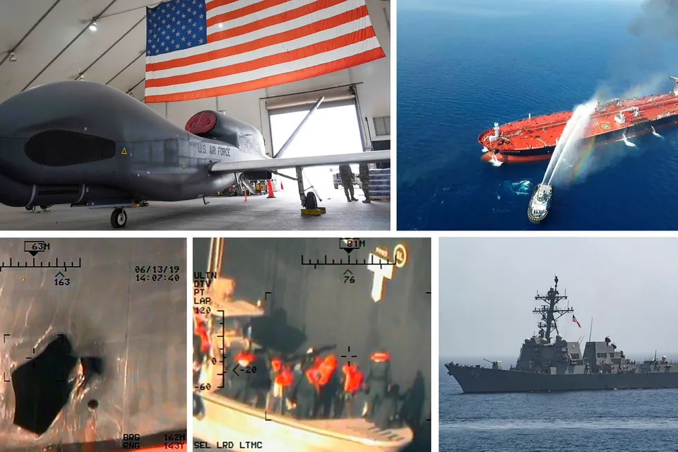 Øverst fra venstre: Dronen som ble skutt ned av Iran torsdag, iransk kystvakt slukker en brann etter angrepet på tankeren "Front Altair", hull i skroget på "Front Altair", medlemmer av den iranske revolusjonsgarden fjerner en mine fra skipet Kokuka Courageous, fregatten USS Bainbridge i Omanbukten.