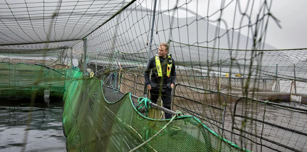 Oppdrettar Sondre Eide på smoltanlegget i Skogseidvatnet ved bedriftas hovudkvarter.