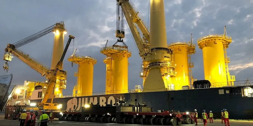 . Loading offshore wind transition pieces in Taiwan's Taichung offshore wind port.