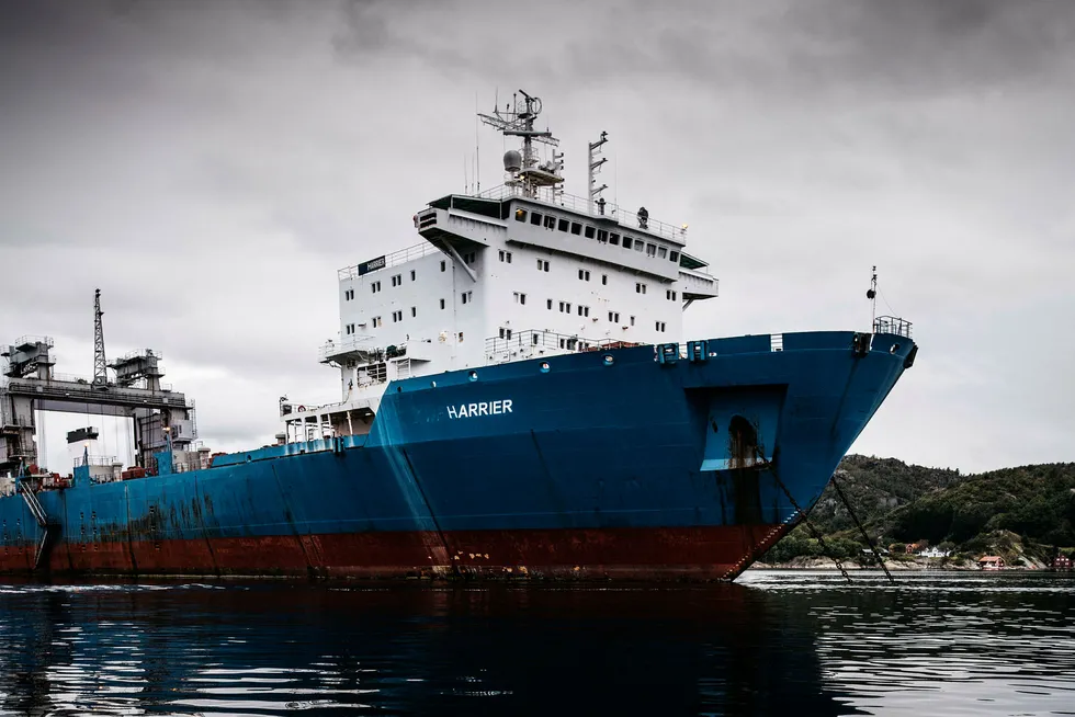 Skipet Harrier ligger i Spindfjorden utenfor Farsund. Skipet skulle gi penger i havnekassen, men har mest skapt frustrasjon i administrasjonen og blant politikere og hyttefolk. Foto: Tommy Ellingsen --- Foto: Tommy Ellingsen