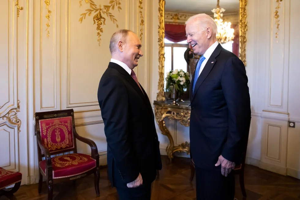 Face to face: Russian President Vladimir Putin (left) talks with US President Joe Biden during the US-Russia summit in Geneva, Switzerland