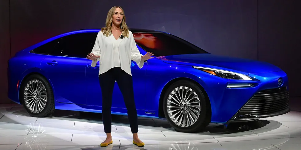 Toyota North America senior engineer Jackie Birdsall unveiling the 2021 second-generation Toyota Mirai at the 2019 Los Angeles Auto Show in California.