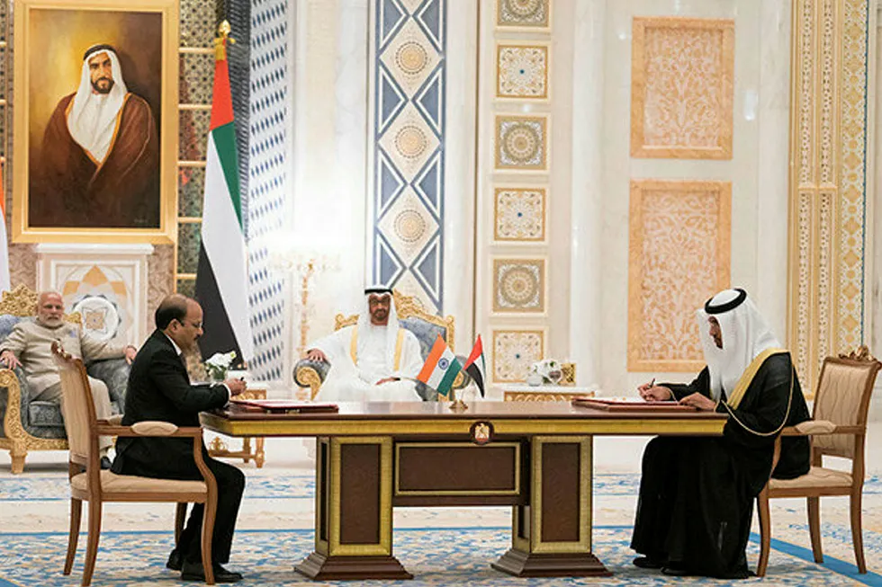 Signing: ONGC chairman Shashi Shanker signs agreement with Adnoc chief executive Ahmed Al Jaber in front of Abu Dhabi crown prince Mohamed bin Zayed Al Nahyan and Indian Prime Minister Narendra Modi.