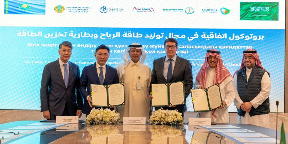 Signing of the ACWA-Kazakh heads of agreement to build a 1GW wind-plus-storage project in the central Asian country