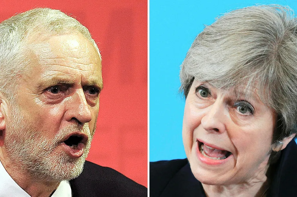 Valget i Storbrittania kan gi flere tapere enn vinnere. Labour leder Jeremy Corbyn og Statsminister Theresa May. Foto: Andy Buchanan og Lindsey Parnaby/AFP/NTB Scanpix