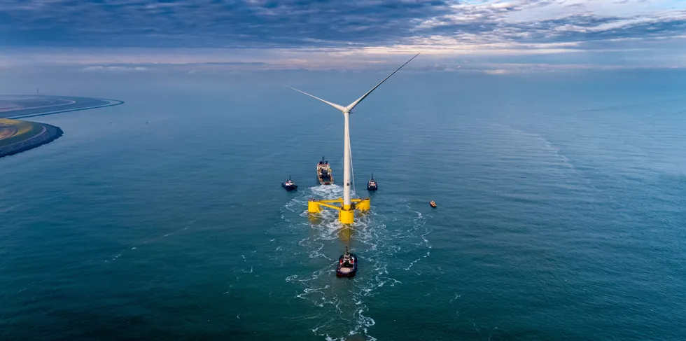 One of the Kincardine floating wind project's WindFloat units being towed to site off Scotland last year