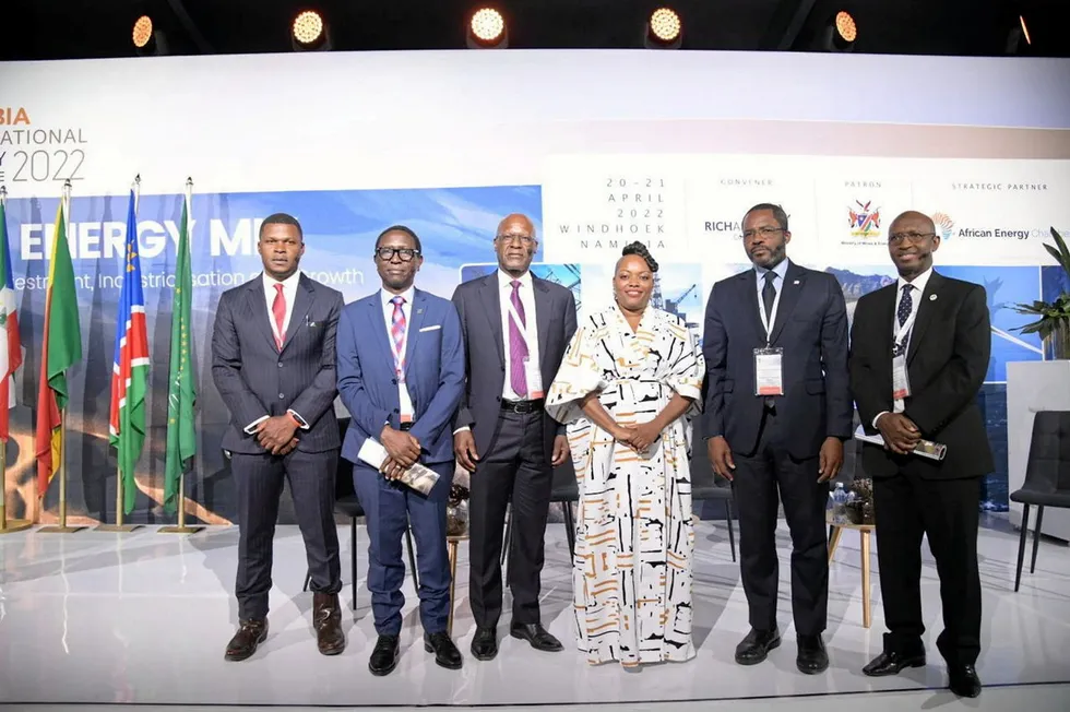 In the pipeline: (From left) Africa Energy Chamber chair NJ Ayuk, Zambia Energy Minister Peter Kapala, Namibian Energy Minister Tom Alweendo, RichAfrica managing director Selma Shimutwikeni, Equatorial Guinea Energy Minister Gabriel Mbaga Obiang Lima and African Petroleum Producers Organisation secretary general Omar Ibrahim