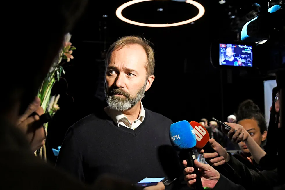 Trond Giske da han møtte pressen etter paneldebatten på mediekonferansen Svarte Natta i Tromsø.