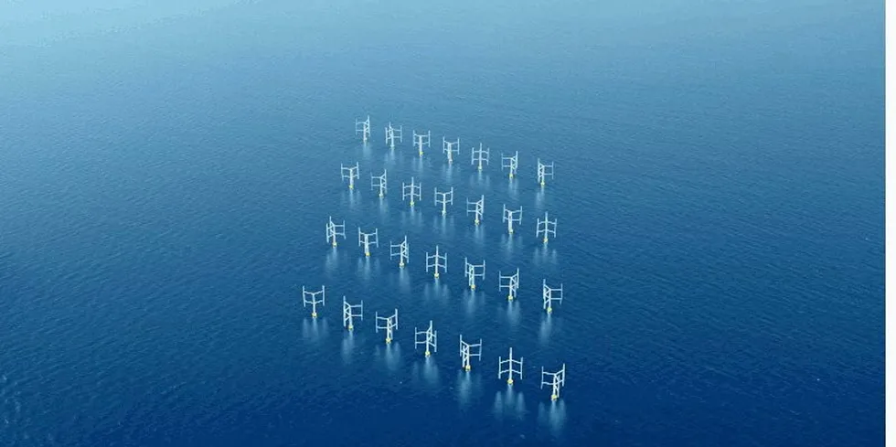CGI of an array of vertical axis wind turbines moored at sea