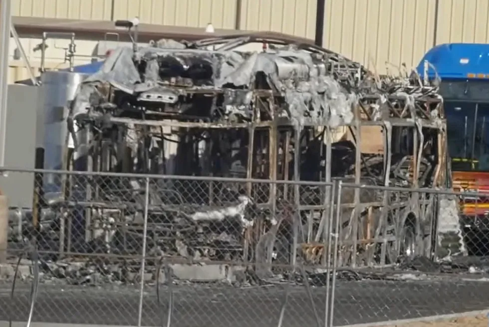 The charred remains of the Xcelsior CHARGE FC bus, built by New Flyer, that caught fire in Bakersfield, California, on 18 July.