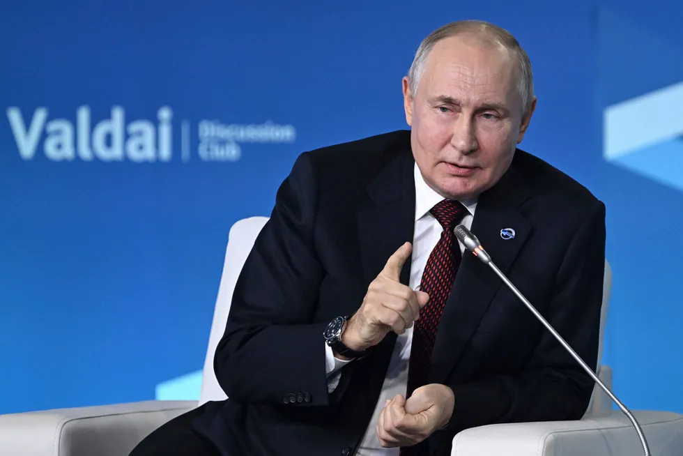Russian President Vladimir Putin speaks during the annual meeting of the Valdai Discussion Club in the Black Sea resort of Sochi, Russia, on Thursday.