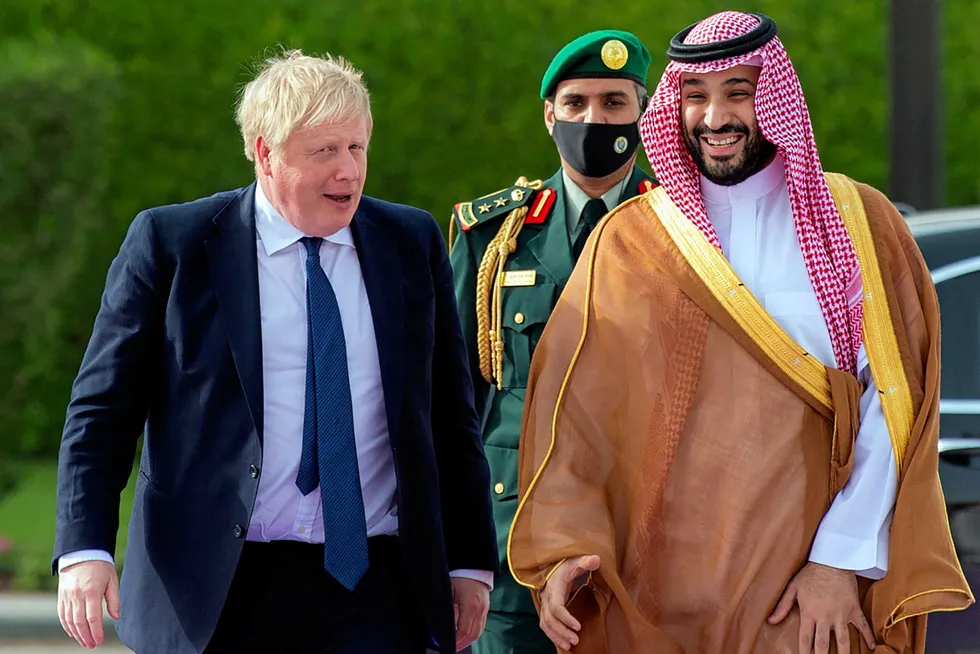 Oil search: UK Prime Minister Boris Johnson (left) is welcomed by Saudi Arabia Crown Prince Mohammed bin Salman (right) during his visit to Riyadh